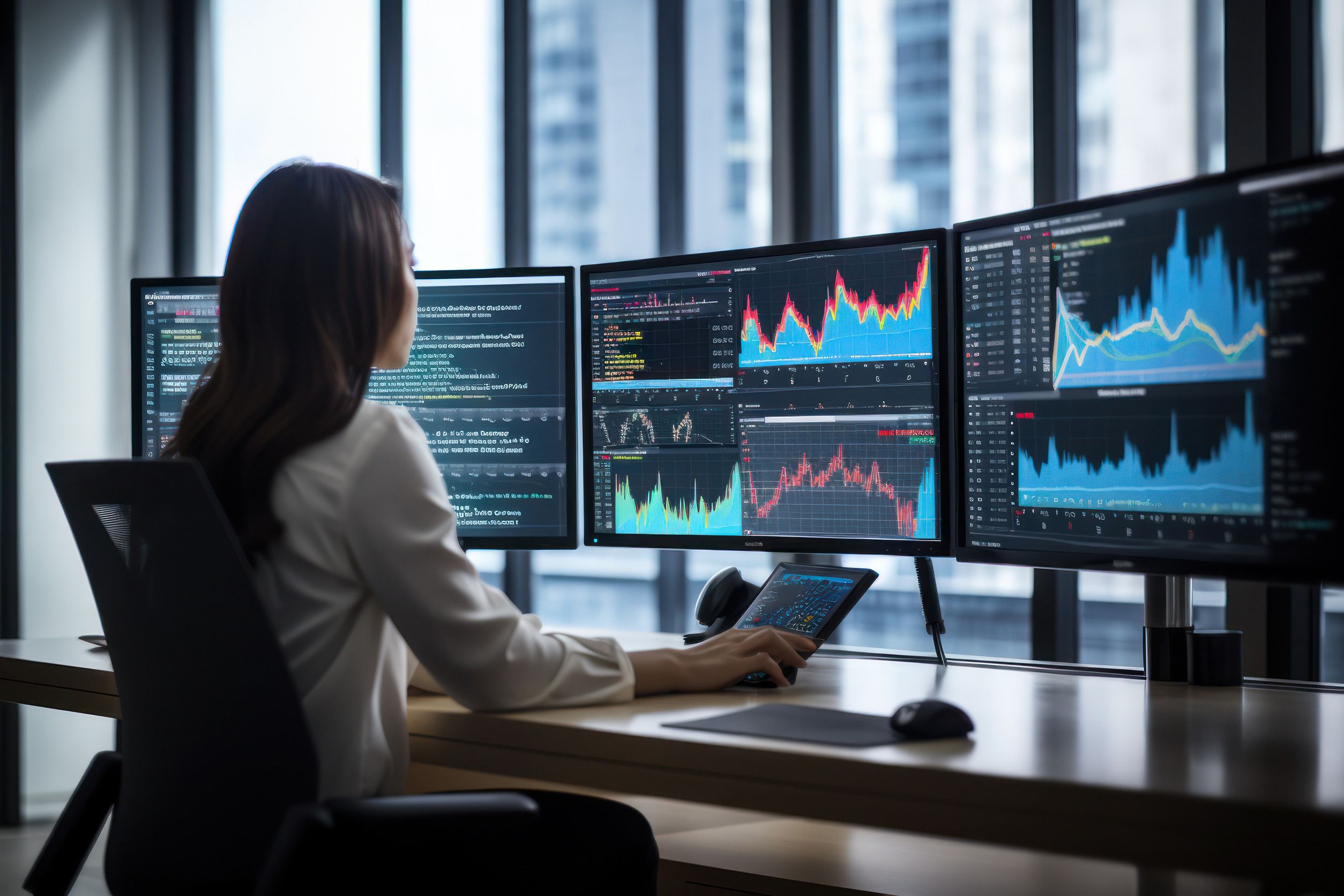 Engineer reviewing structured datasets on multiple screens