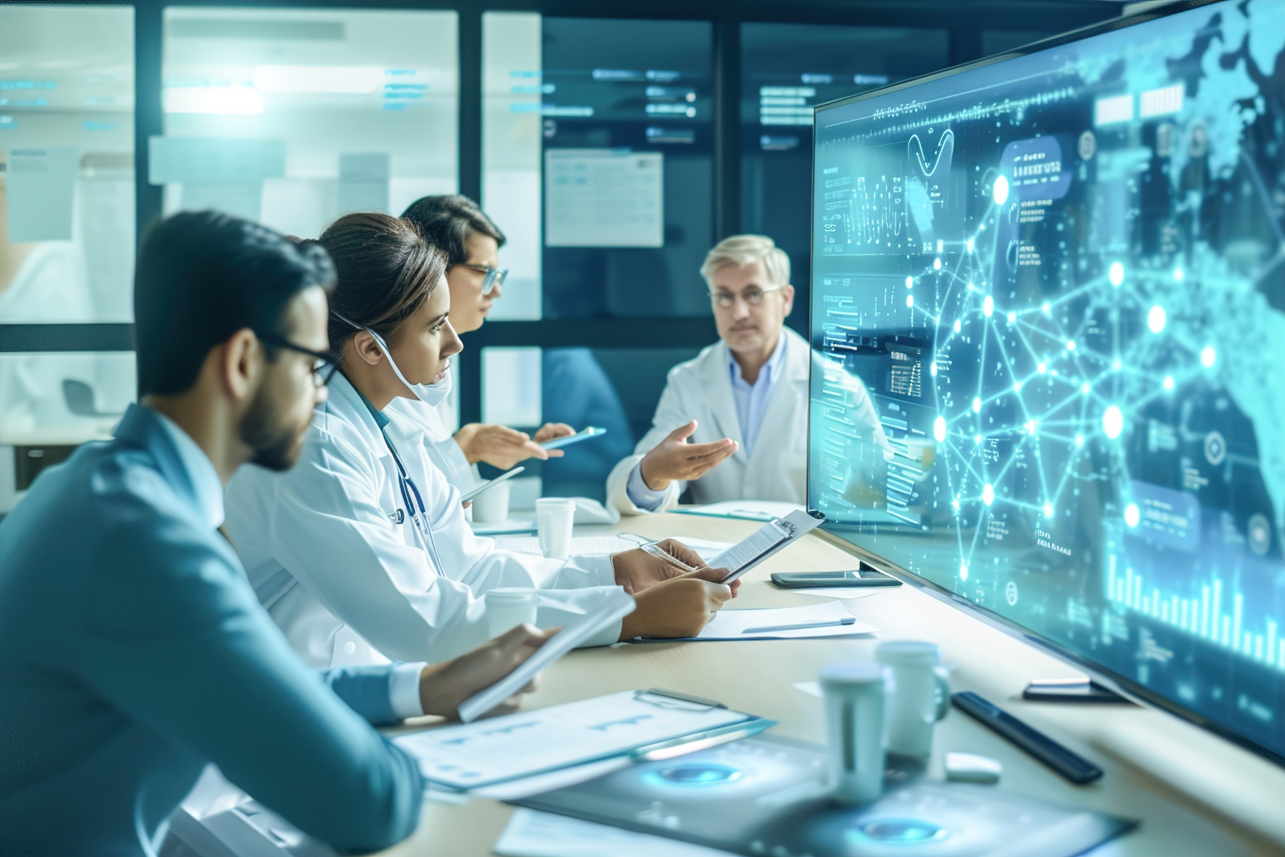 Healthcare IT team discussing system integration diagram